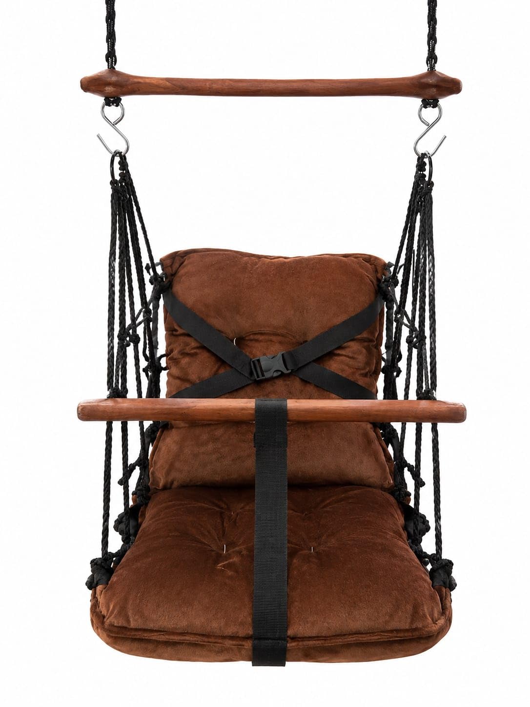 Premium Hanging Swing Chair with Soft Cushioned Seat & Backrest | Indoor & Outdoor Hammock Chair with Wooden Support Bars, Safety Belt & Durable Rope for Balcony, Garden & Living Room (Brown)-image-20