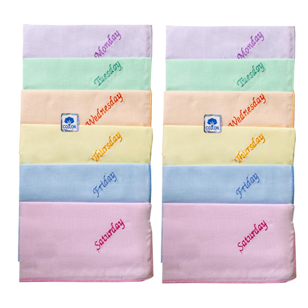 Unisex-Adult Pure Cotton Colorful Weekdays Embroidered White Casual Style Handkerchief | Weekdays Hankies for Girl's & Boy's Size 25 x 25 Cm