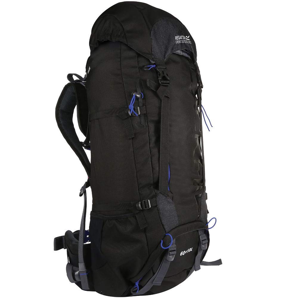 Regatta Unisex Blackfell 3 Expandable Reflective Hardwearing Travel Hiking Rucksack, Black/Surfspray, 60 + 10 Litre