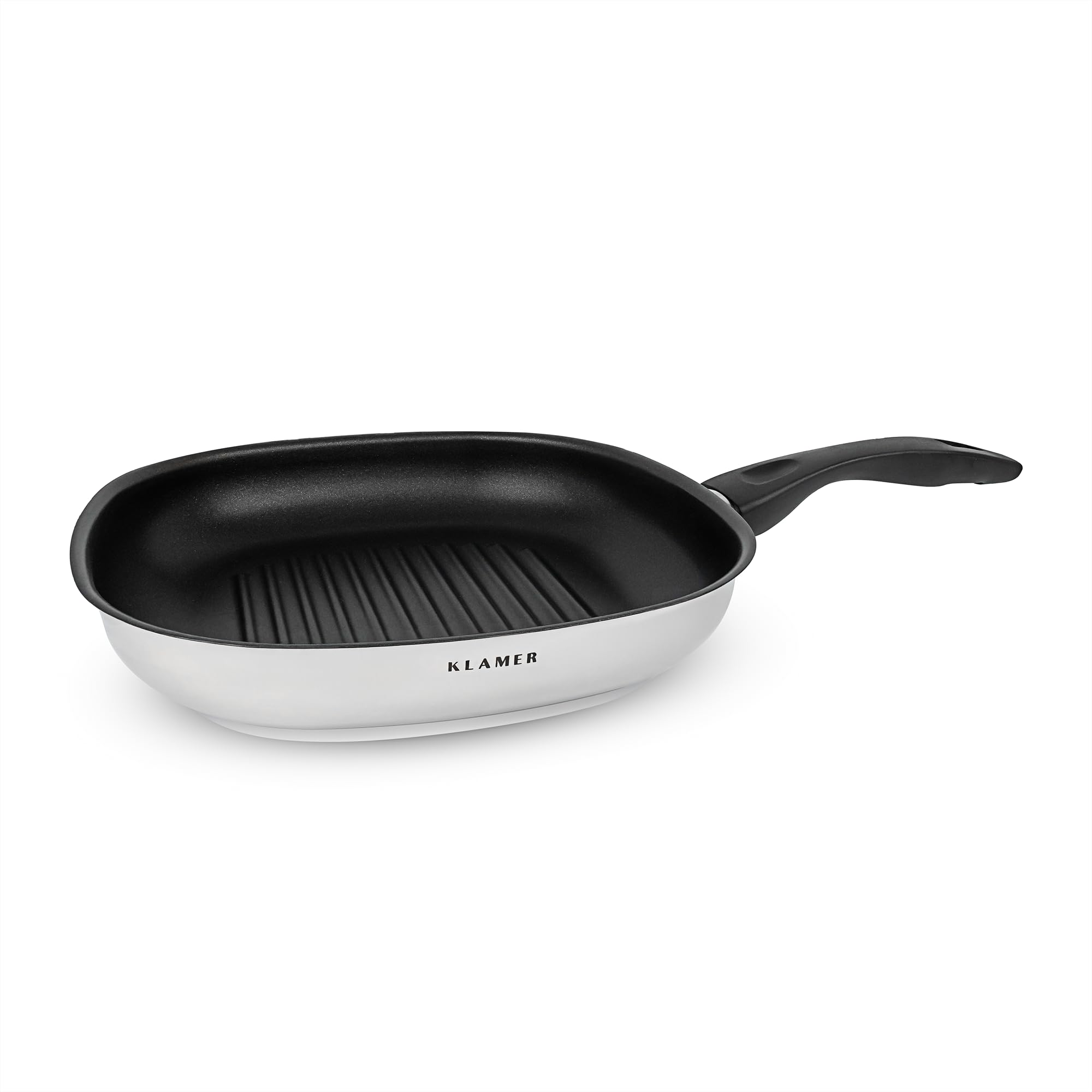 KLAMER Grillpfanne 28 cm Induktion Schmorpfanne Steakpfanne aus Edelstahl | Greblon C3+ Beschichtung mit hoher Antihaftwirkung, Aluminiumkern für optimale Wärmeverteilung und Schüttrand, PFOA-frei