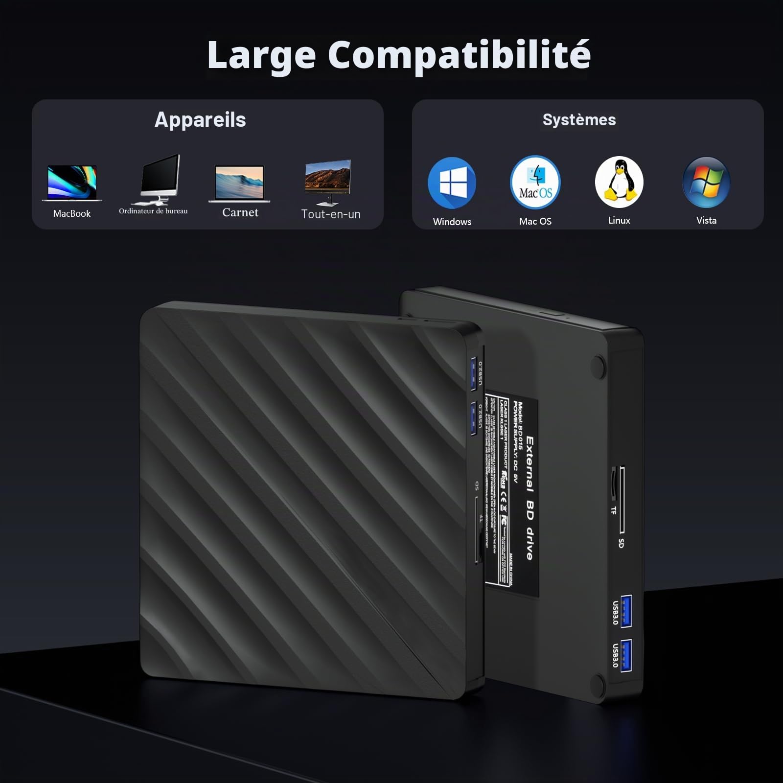 Wbacon Lecteur Blu-ray externe 5 en 1, USB 3.0 Type-C Slim Optical External Bluray DVD Graveur avec lecteur de carte SD/TF 2 concentrateurs USB 3.0 Compatible avec Windows XP/7/8/10 MacOS MacBook