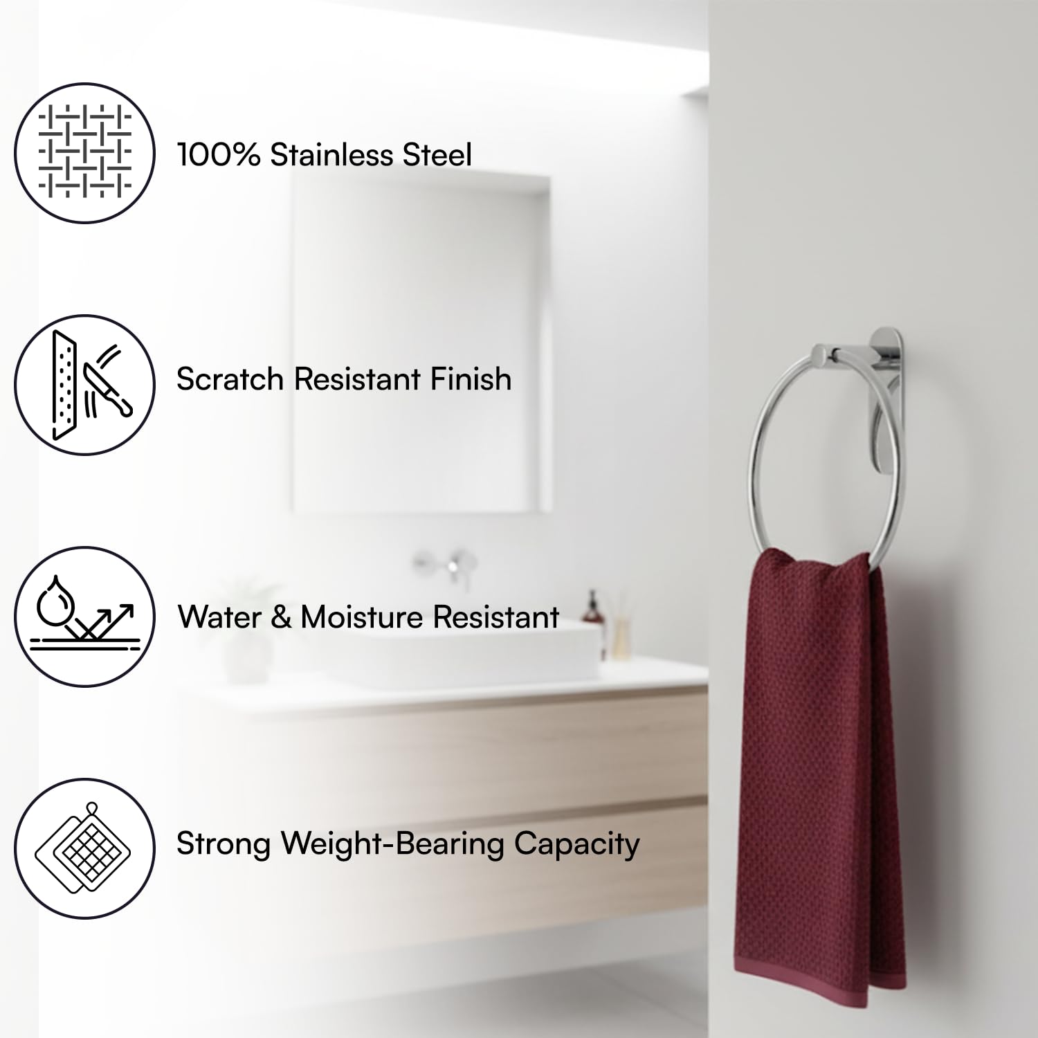 OSLEN Stainless Steel Self Adhesive Round Towel Ring | No Drilling Wall Mounted Bathroom Accessories | Durable Napkin Hand Towel Holder for Kitchen, Wash Basin, Home and Hotels (Chrome Finish) 1