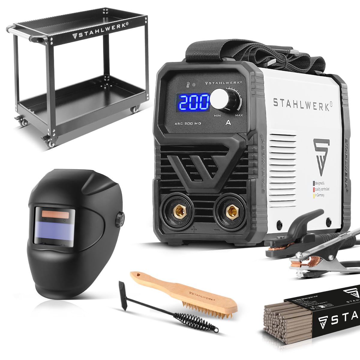 STAHLWERK Poste à souder à l'électrode ARC 200 MD – Kit complet avec chariot – MMA jusqu'à 200 A, utilisation flexible sans gaz, compact & léger, Smart Cooling, Hotstart, fonction Anti-Stick