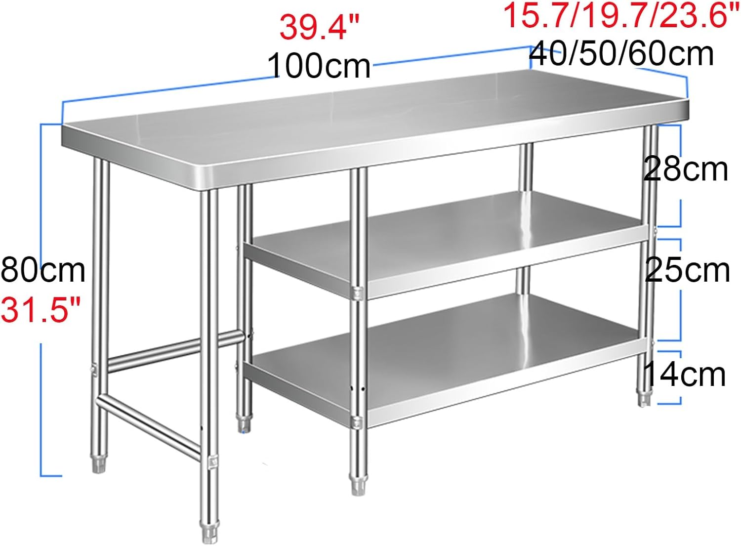 3 Tier Catering Table Commercial Workbench Stainless Steel Kitchen Work Table Food Preparation Gas Stove Working Table with Adjustable Floor Prep Table Plus Guard Enclosure(100x40x80cm/39.4x15.7x31.5"