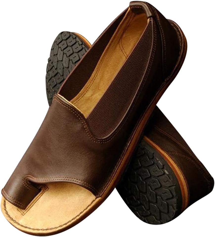 SNIDEL Flat Sandals for Women Vintage Leather Open Toe Sandal Summer Slip on Lightweight Boat Soft Shoes Brown 7.5 B (M) US
