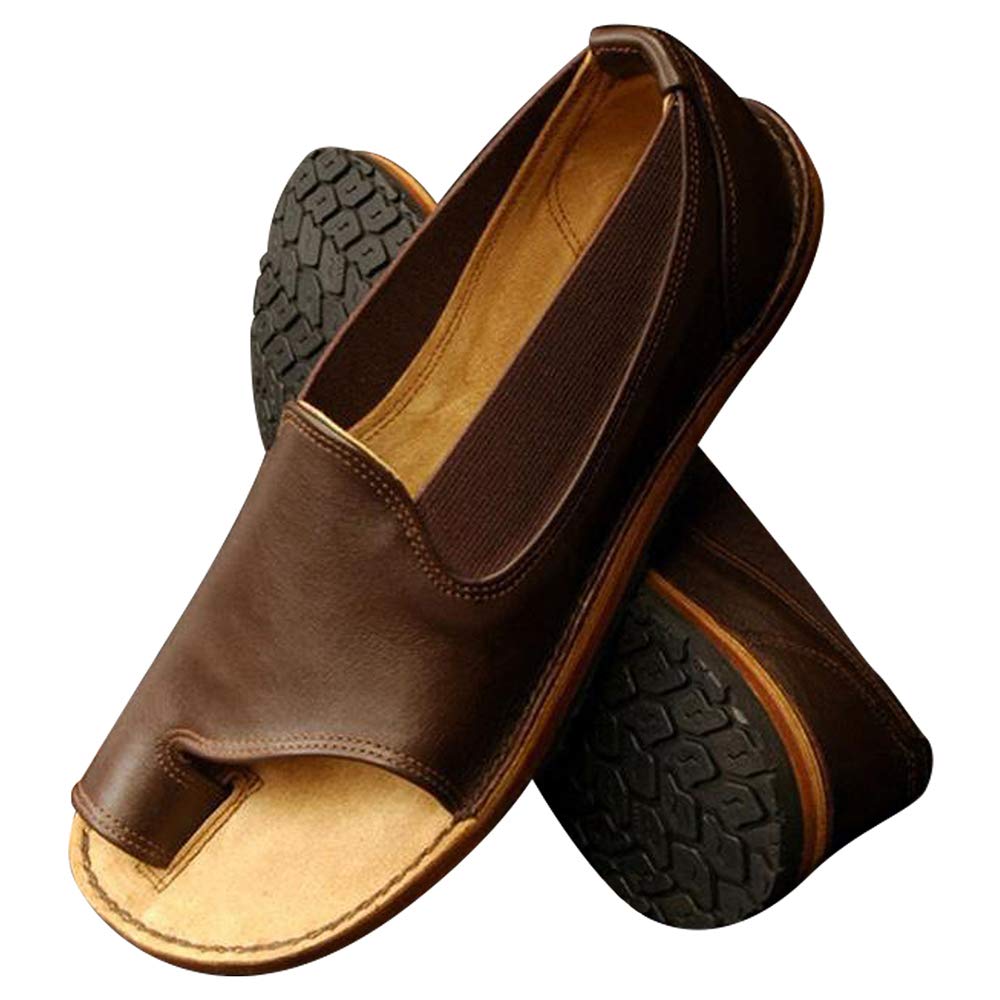 SNIDEL Flat Sandals for Women Vintage Leather Open Toe Sandal Summer Slip on Lightweight Boat Soft Shoes Brown 7.5 B (M) US