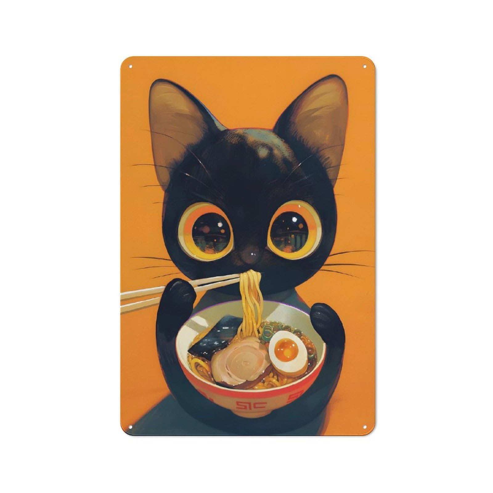 Junmoney Black Cat Eating Ramen Illustration Rustic Metal Wall Sign 30X20cm For Kitchen Or Home Bar, Suited To Home Bar Enthusiasts