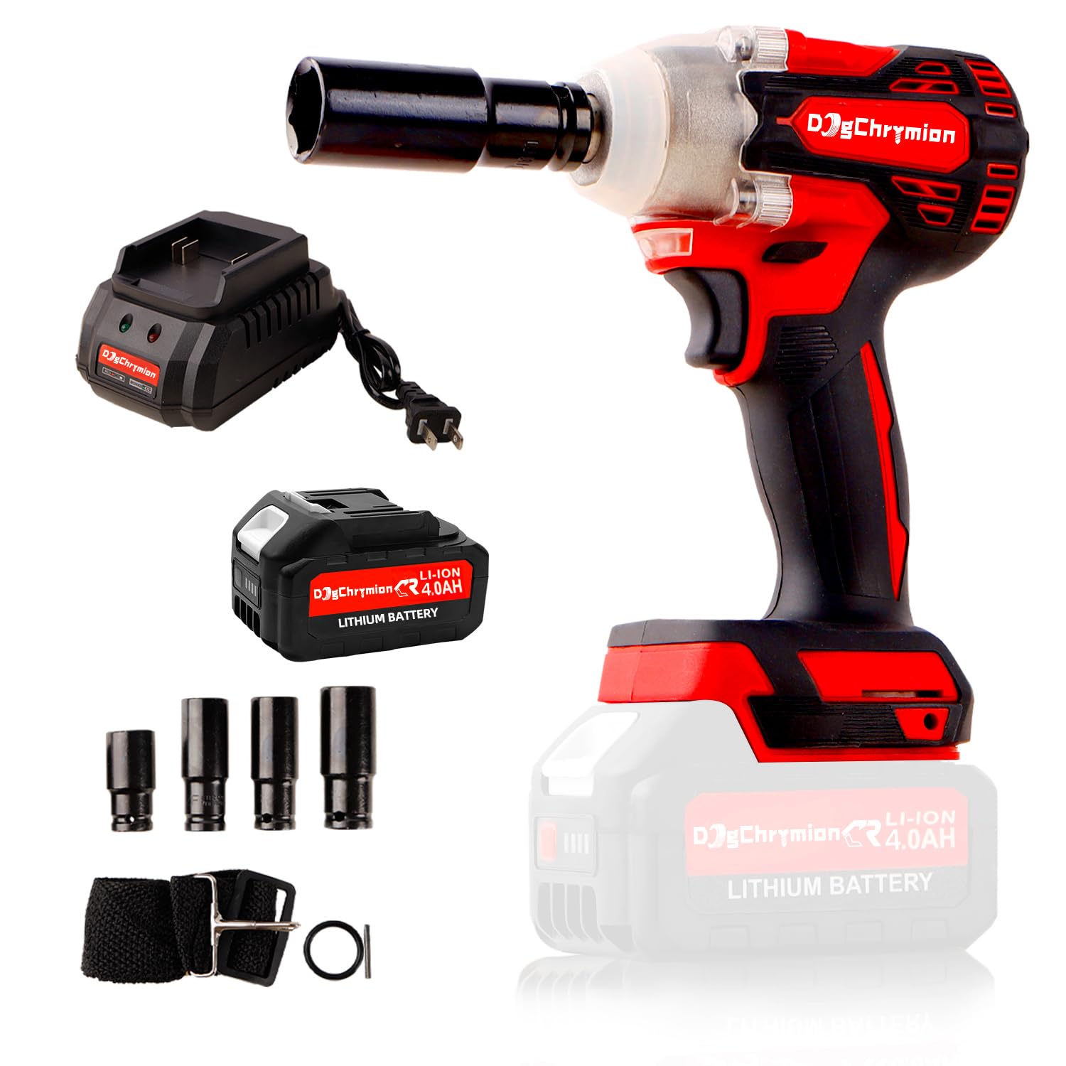 DOGCHRYMIONCordless Impact Wrench 1/2'm Torque 320 NM, Brushless Motor, Max 3200RPM,inculde 4 Sockets,1 * 4.0 Ah Battery and Charger in Combo Kit