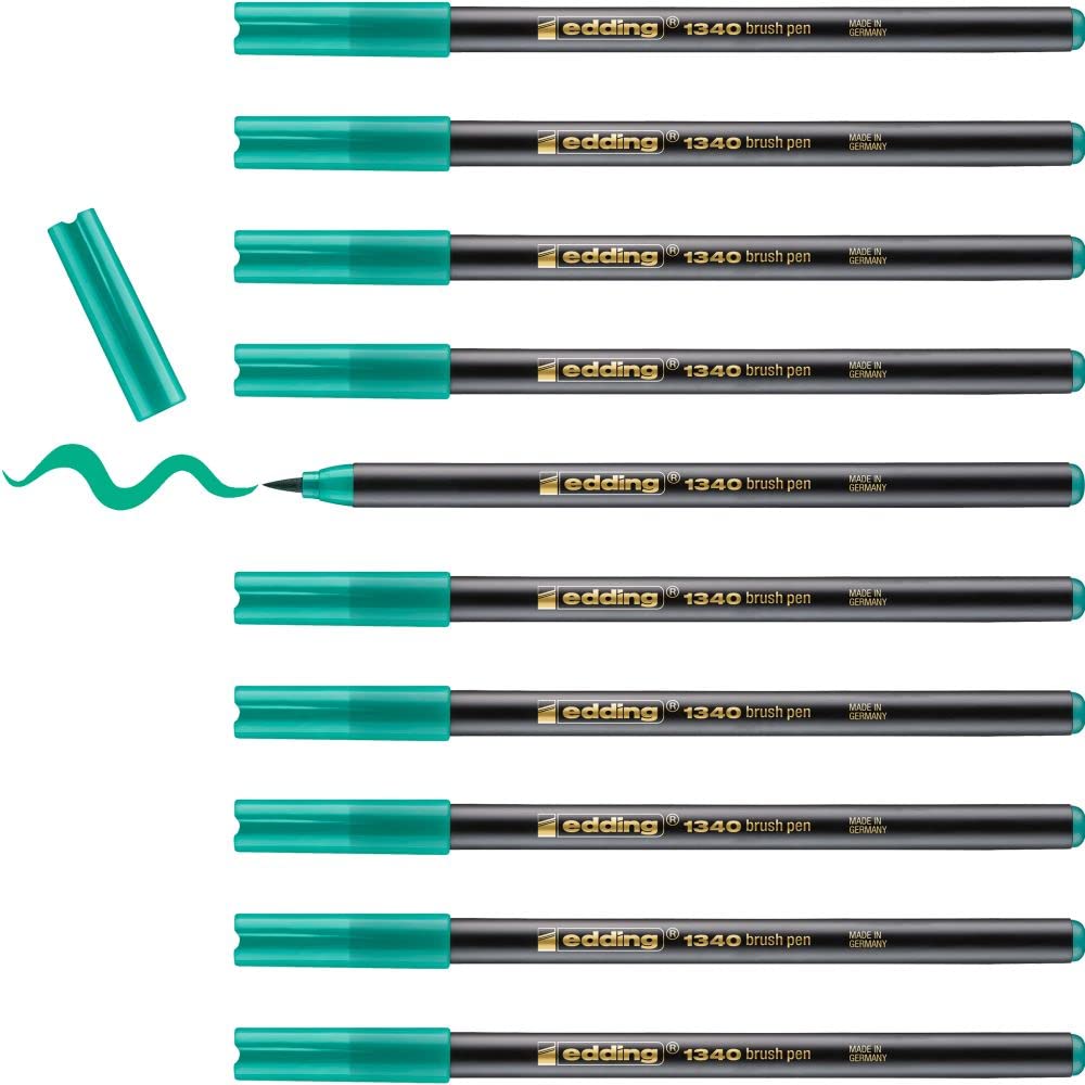 edding 1340 brush pen - green - box of 10 - flexible brush tip - felt-tip pen for painting, writing and drawing - bullet journals, hand lettering, mandalas, calligraphy