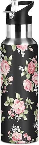 ALAZA Botella de agua con diseño floral de rosas rosas con tapa de pajilla, botella térmica de acero inoxidable aislada al vacío, botella de agua de