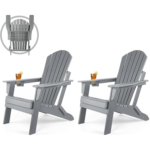 FUNBERRY Folding Adirondack Chair Set of 2, HDPE All Weather Fire Pit Chairs with Cup Holder for Outdoor