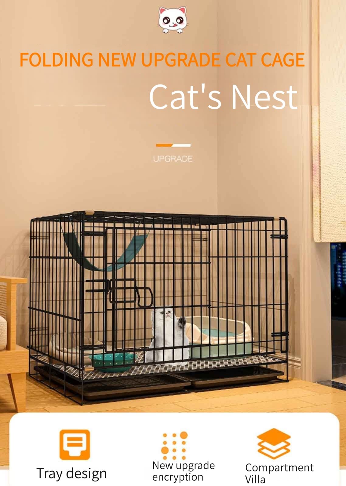 Recinto per Animali Domestici con Base Impermeabile, recinto per Conigli, Gabbie per Gatti da Interno Grandi con lettiera, Materiale Metallico criptato, Comodo e Facile d,68 * 49 * 59CM