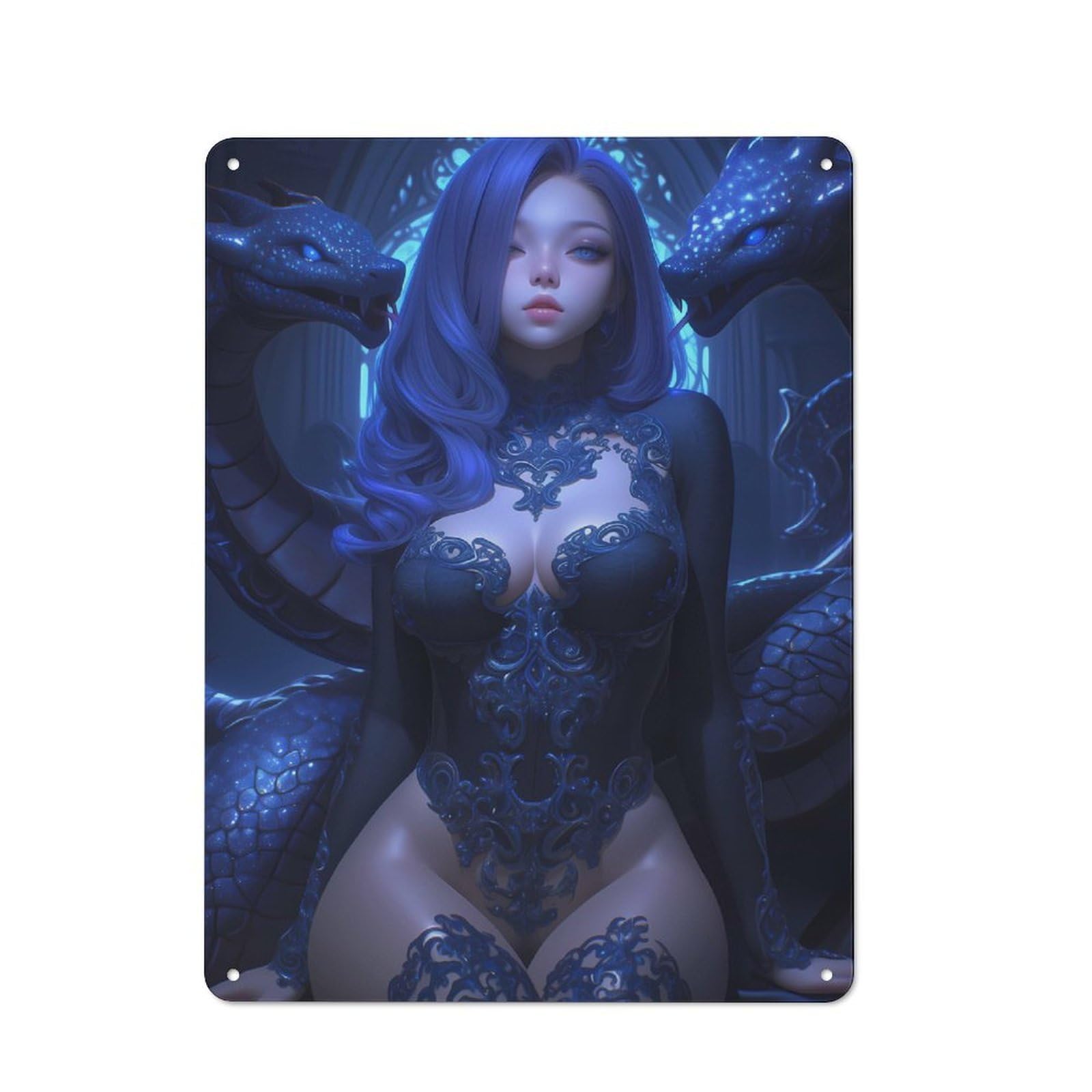 Junmoney Style-10 Modern Retro Blue-Haired Woman With Dragons Metal Wall Art Sign 40X30cm, Studio Wall Art For Modern Home, Workshop, Office Or Cafe