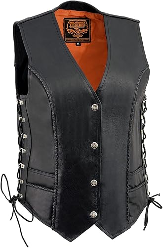 Milwaukee Leather ML2042 Chaleco de cuero negro clásico de las señoras con diseño de trenza delgada