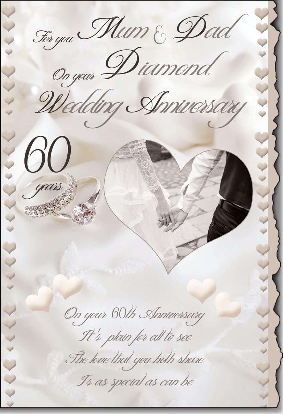 Cardigan Cards Diamond 60th Wedding Anniversary Card for Mum and Dad, Elegant Heart and Rings Design with Romantic Verse