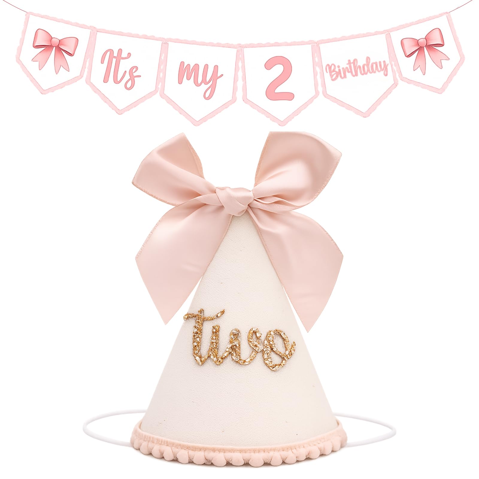 2PCS 2nd Birthday Decorations for Girls, Birthday Party Photo Session Decor, Two-Year-Old Milestone Celebration, Pink Bunting Banner and Bow Hat Set