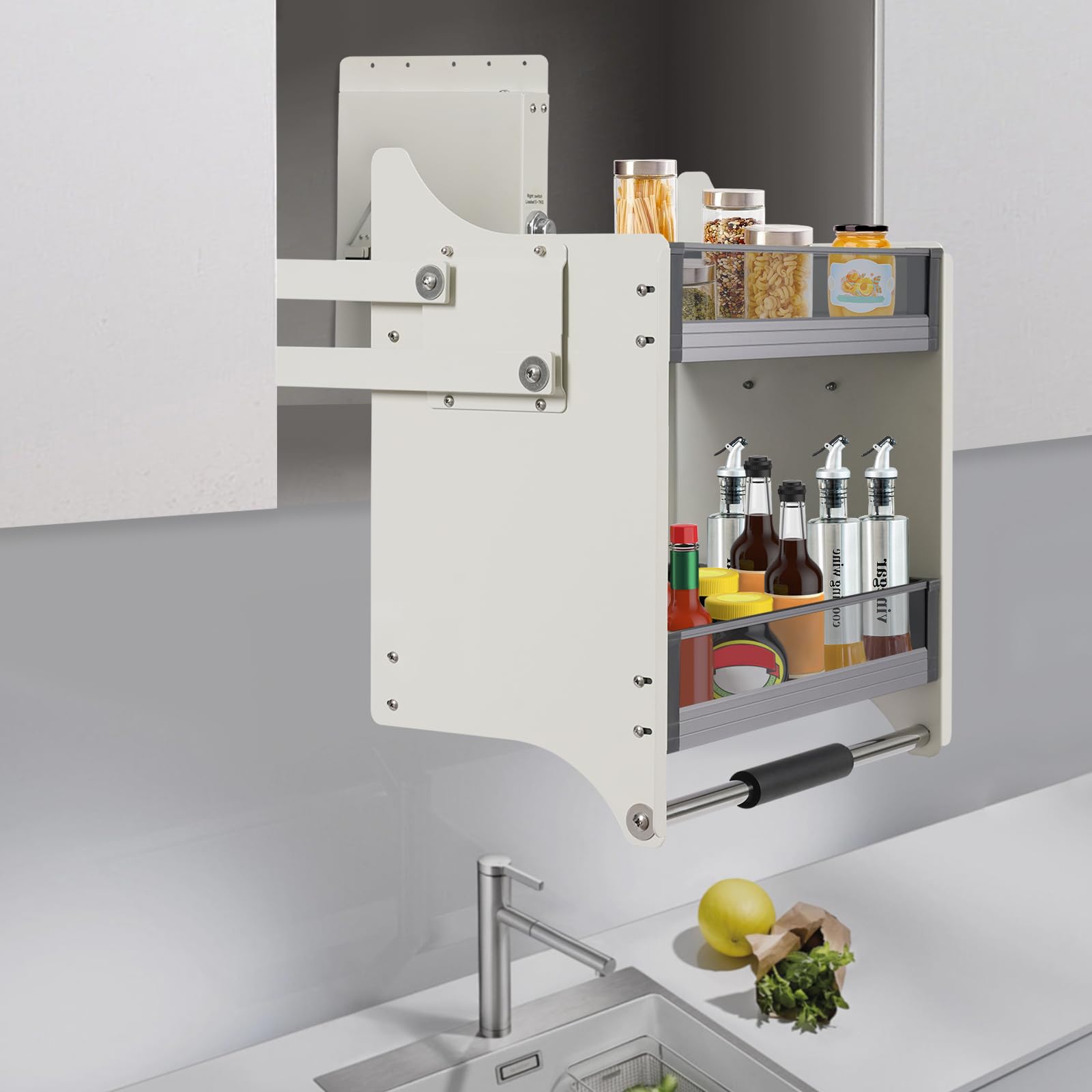 HAPPCUCOE 2 Tier Pull Down Shelf, Pull Down Cabinet Organizer,High Cabinet Pull Down Shelf, Cabinet Storage Organizer for Kitchen Lift Cabinet,Silver