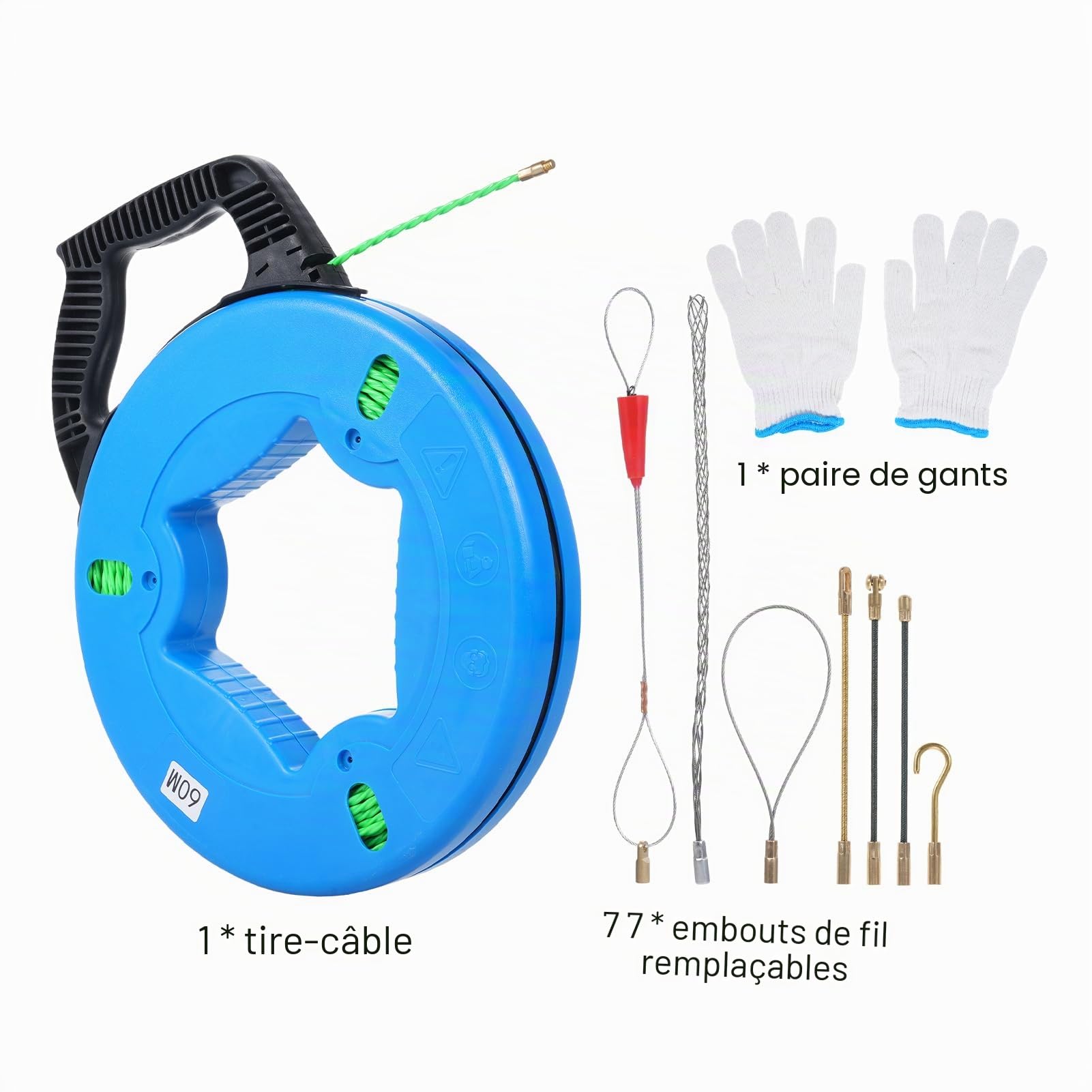 Aide à l'extraction de câbles de 60 m - Avec 7 Adaptateurs pour Aiguille Tire Fil, Fil de traction PET de qualité supérieure Spirale rétractable raffinée pour tubes vides