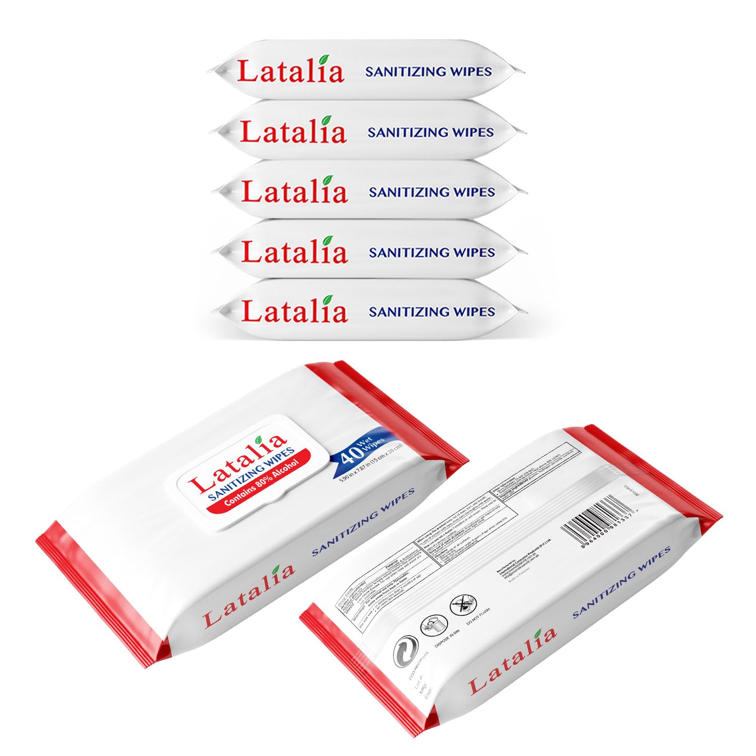 Latalia Hand Wipes Pack of 5 | 80% Alcohol Hand Sanitizer Wipes for Hands & Face Moisturizing, Gentle, Convenient and Fragrance Free (40 Counts)