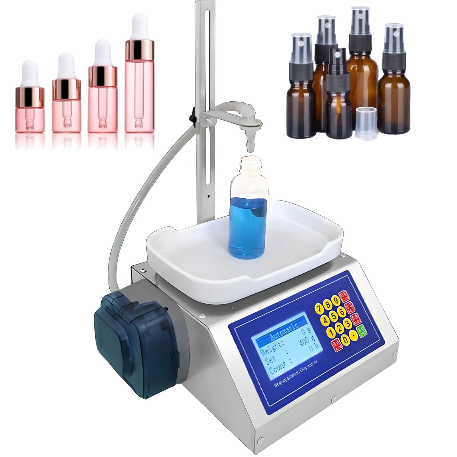 GSHSHOU Digital Control Filler, Small Liquid Filling Machine, Liquid Weighing Peristaltic Pump Filling Machine,Filling Volume 2-300g, Maximum Weighing 500g, for Perfume,Essence, Liquid Trial Size