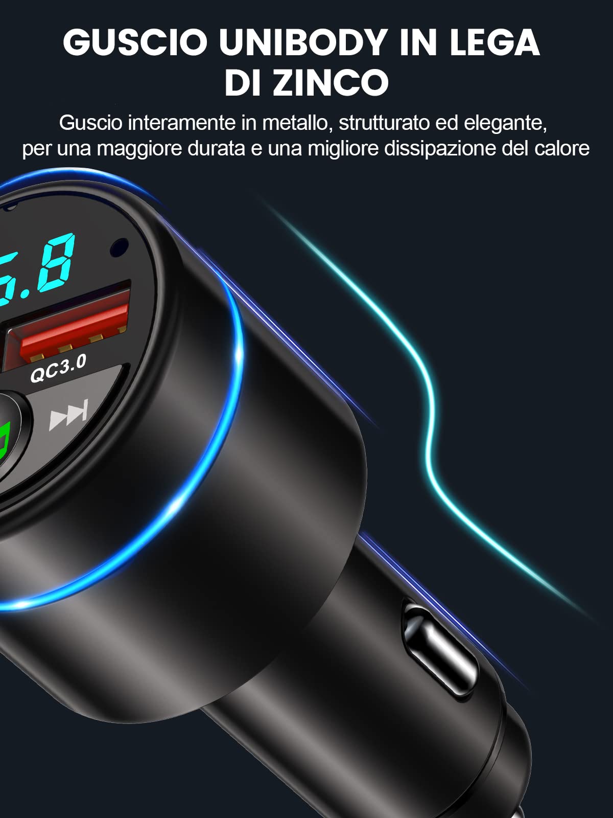 Mohard [Carcassa in Metallo] Bluetooth 5.3 Auto Trasmettitore FM, PD 30W & QC3.0 18W Ricarica Rapida Adattatore Bluetooth Auto Accendisigari, Amplificatori Multicanale Musica Hi-Fi & Chiamate Vivavoce