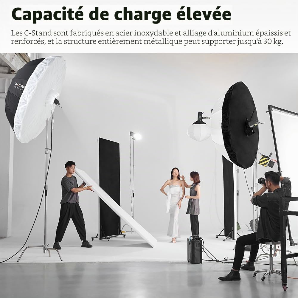 AMBITFUL Support en Forme de C Robuste en Acier Inoxydable avec Perche – Hauteur maximale 320 cm – Support d'éclairage de Photographie avec Bras de Maintien de 128 cm, 2 têtes de préhension
