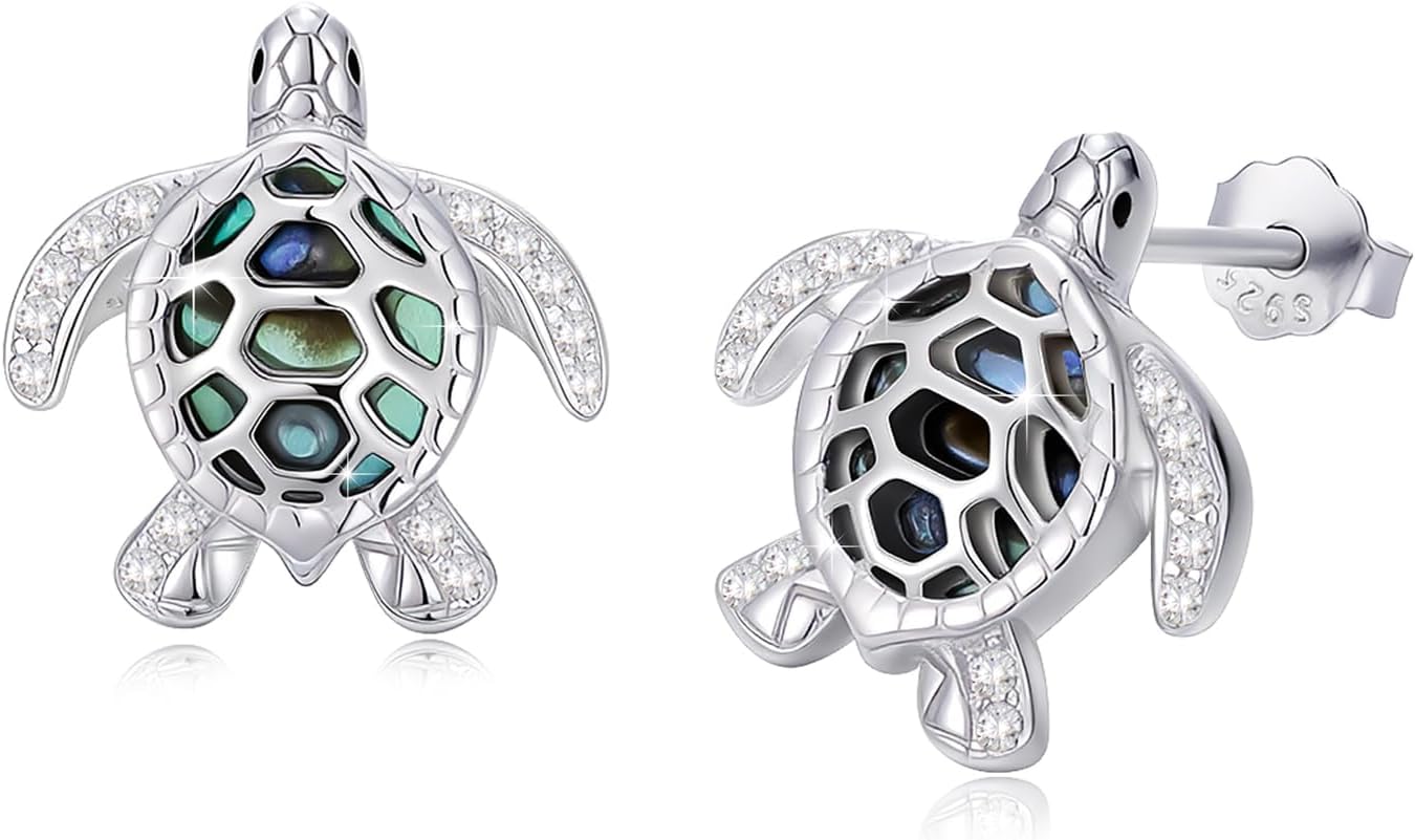 Sea Turtle Earrings for Women, 925 Sterling Silver Turtle Earrings with Blue Birthstone Created Aquamarine, Animal Jewelry for Her