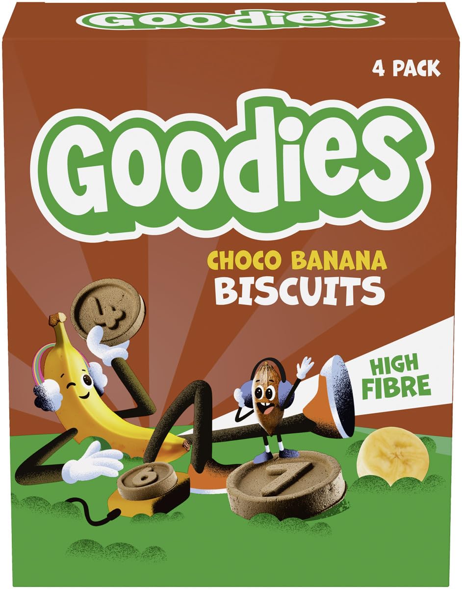 Goodies, Galletas para Niños Sabor Chocolate y Plátano, Biscuits Choco Banana Ricas en Fibra y Sin Aceite de Palma, 3 cajas 4x20g