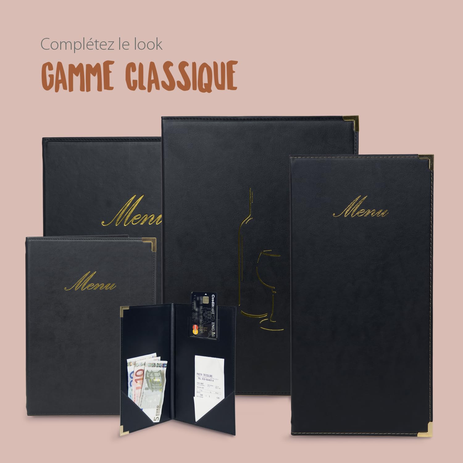 SECURIT Carte Des Vins Classic Line – 8 Feuilles A4 (2 Inserts Fixes) – Porte-Menu Élégant Similicuir Noir Pour Café, Bar, Restaurant