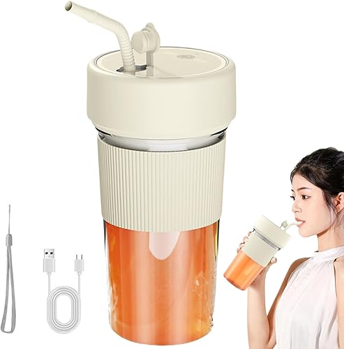 Miniatura 5 de Exprimidor portátil de 11.8 fl oz USB, sin BPA, mini vaso portátil con popote y 6 cuchillas de acero inoxidable, a prueba de fugas, tamaño personal