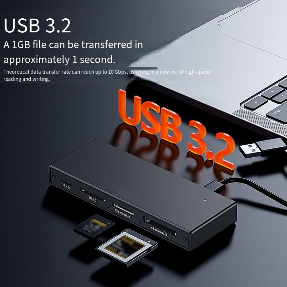 Lettore di schede in alluminio 5x USB 3.2 per fotocamera per sd alluminio | Supporta CFeA, CFeB, per SD, TF, USB 3.2, velocità 10 Gbps e play, nessun driver necessario
