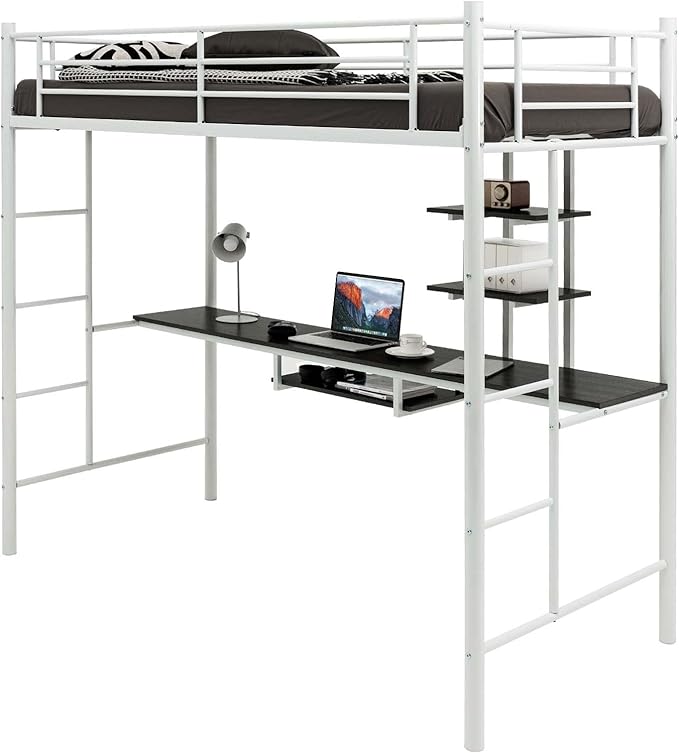 COSTWAY Metal Bunk Bed with Desk, Shelves and Safety Guardrail, 2