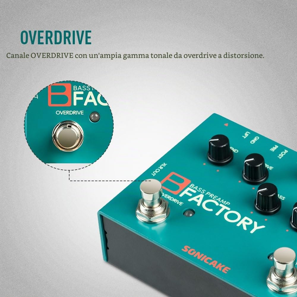 SONICAKE Pedale per basso con overdrive Preamp analogico Pedale per effetti di compressione EQ a 3 bande Uscita XLR B Factory