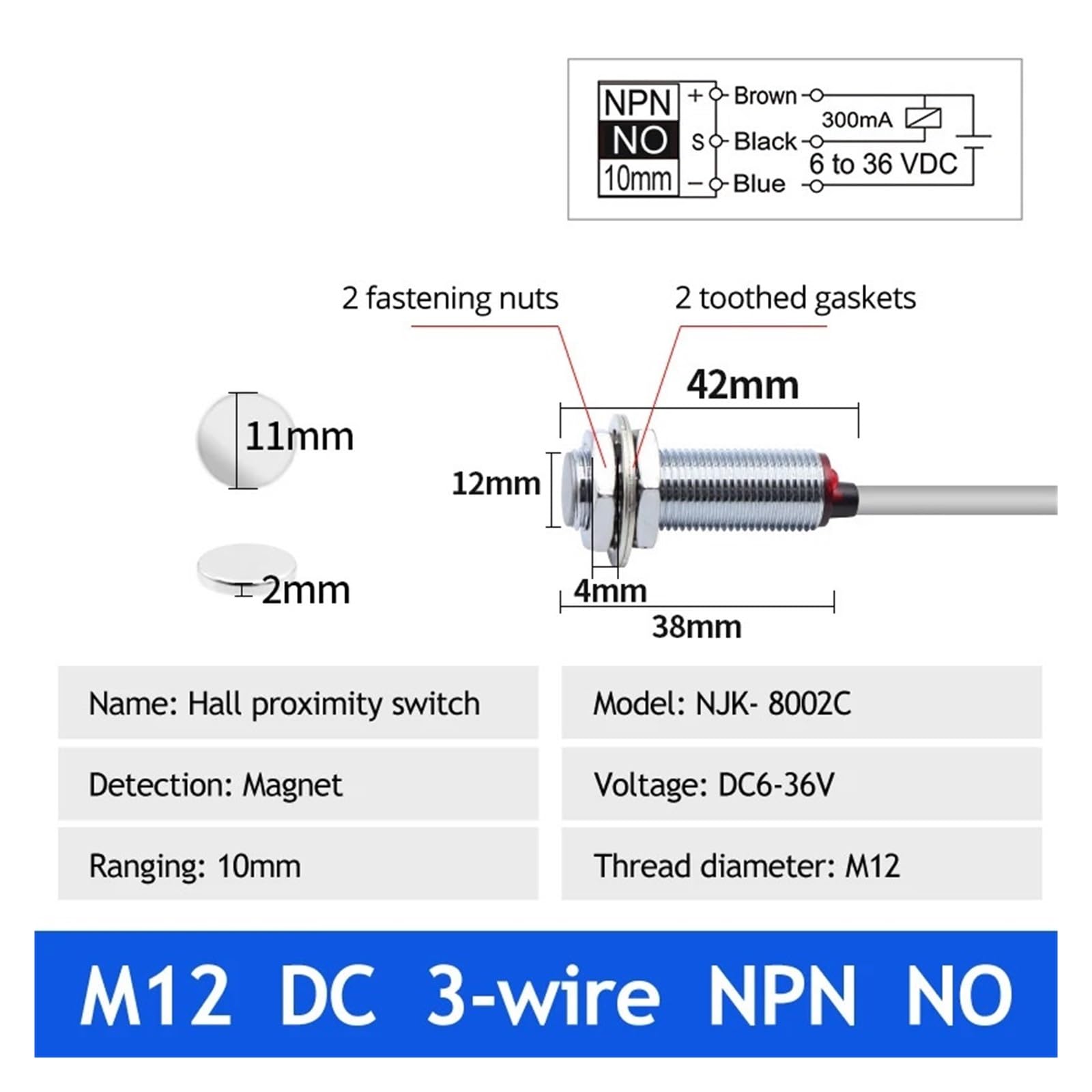 HJCMOONB Hall Switch -5002 Proximity Induction Magnetic Pole Sensor M8/M12 Normally Open/Normally Closed 24v Hall Effect Proximity Sensor