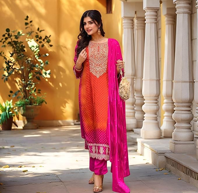 Festliche Chinon-Seide für Damen mit bestickter gerader Kurta mit Hose und Seidenmischung, bedruckte Dupatta-Sets