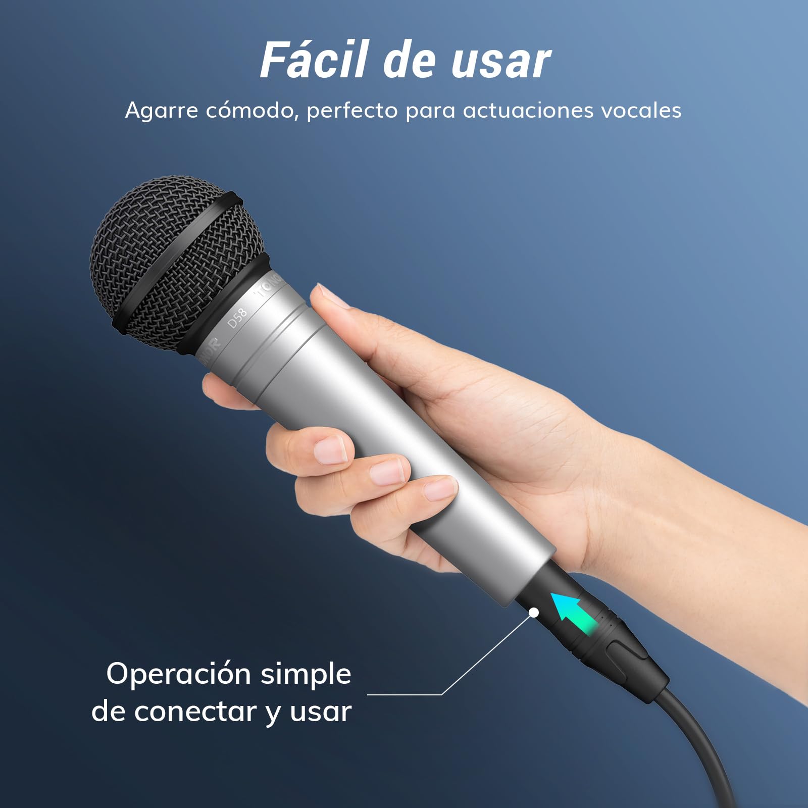 TONOR Micrófono Vocal dinámico cardioide, Cable, Filtro Pop Integral y Rejilla esférica, reducción de Ruido, Salida XLR de 6.35 mm, Ideal para Canto, escenarios y grabaciones, Modelo D58, Plateado