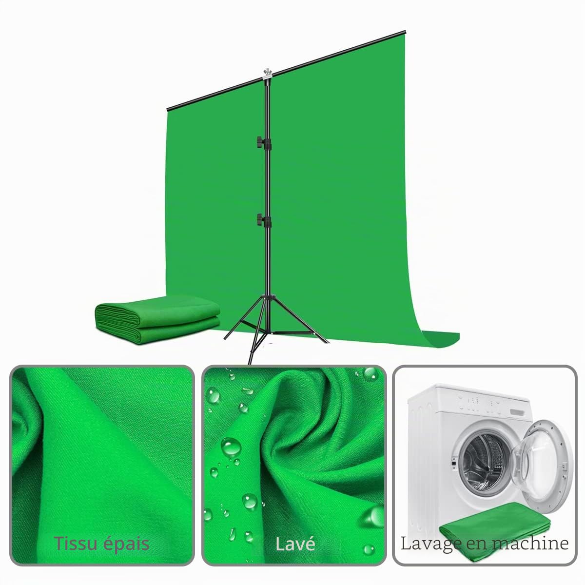 Fond D'écran Vert avec Support 2 x 2 m, Fond Vert pour Studio Photo avec Support Réglable avec 5 Clips et Sac de Transport pour Séance Photo Streaming Vidéo