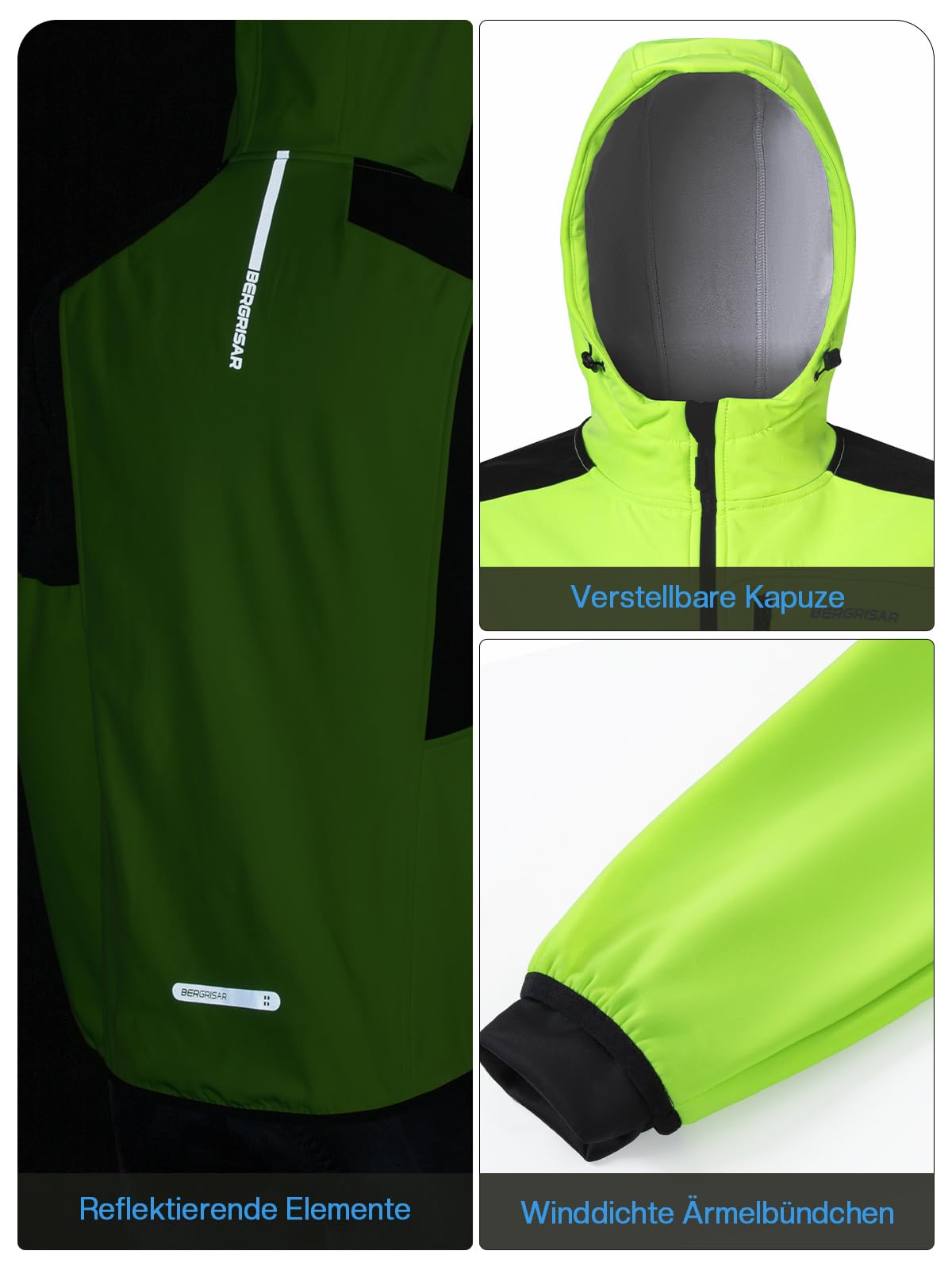 BERGRISAR Giacca da ciclismo da uomo, termica, antivento, impermeabile, traspirante, softshell con cappuccio