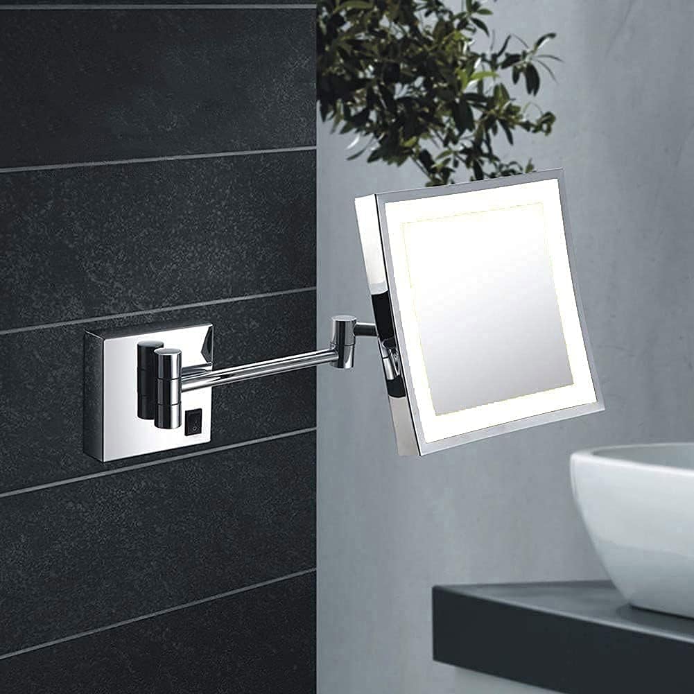Vanity Mirror,8 inch Bathroom Mirror Wall Mounted,USB Rechargeable Makeup Mirror 3X Magnification Shaving Mirror 180° Swivel Vanity Mirror Led Lighted Wall Mounted Mirrors Square Cosm