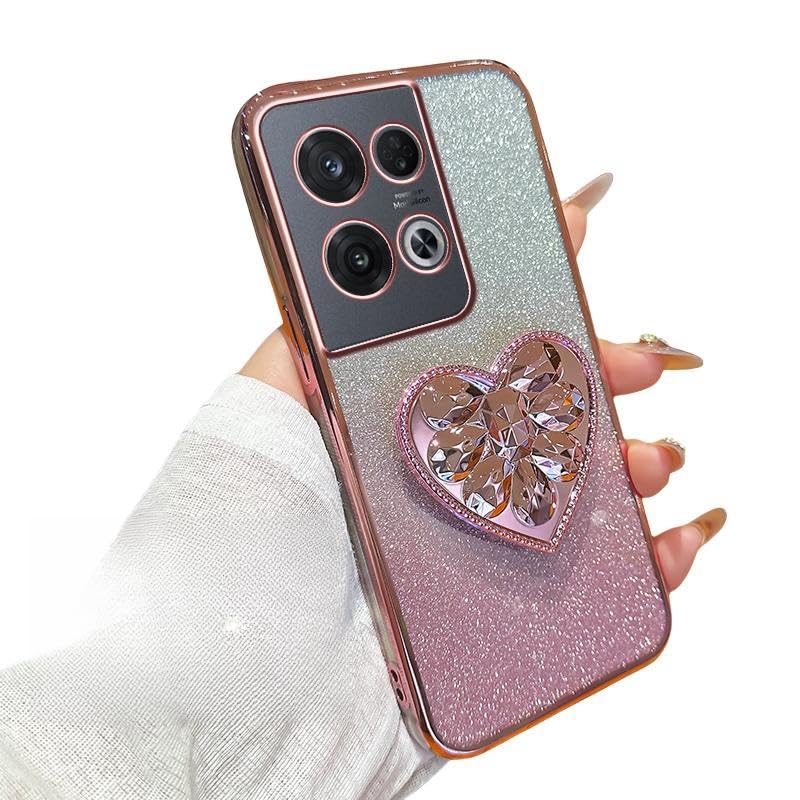 Silicone Case for Oppo Reno 8 Pro Case, Sparkle Glitter Bling Clear Luxury Plating Cute Love Heart Stand, Slim Soft Shockproof Diamond Shell