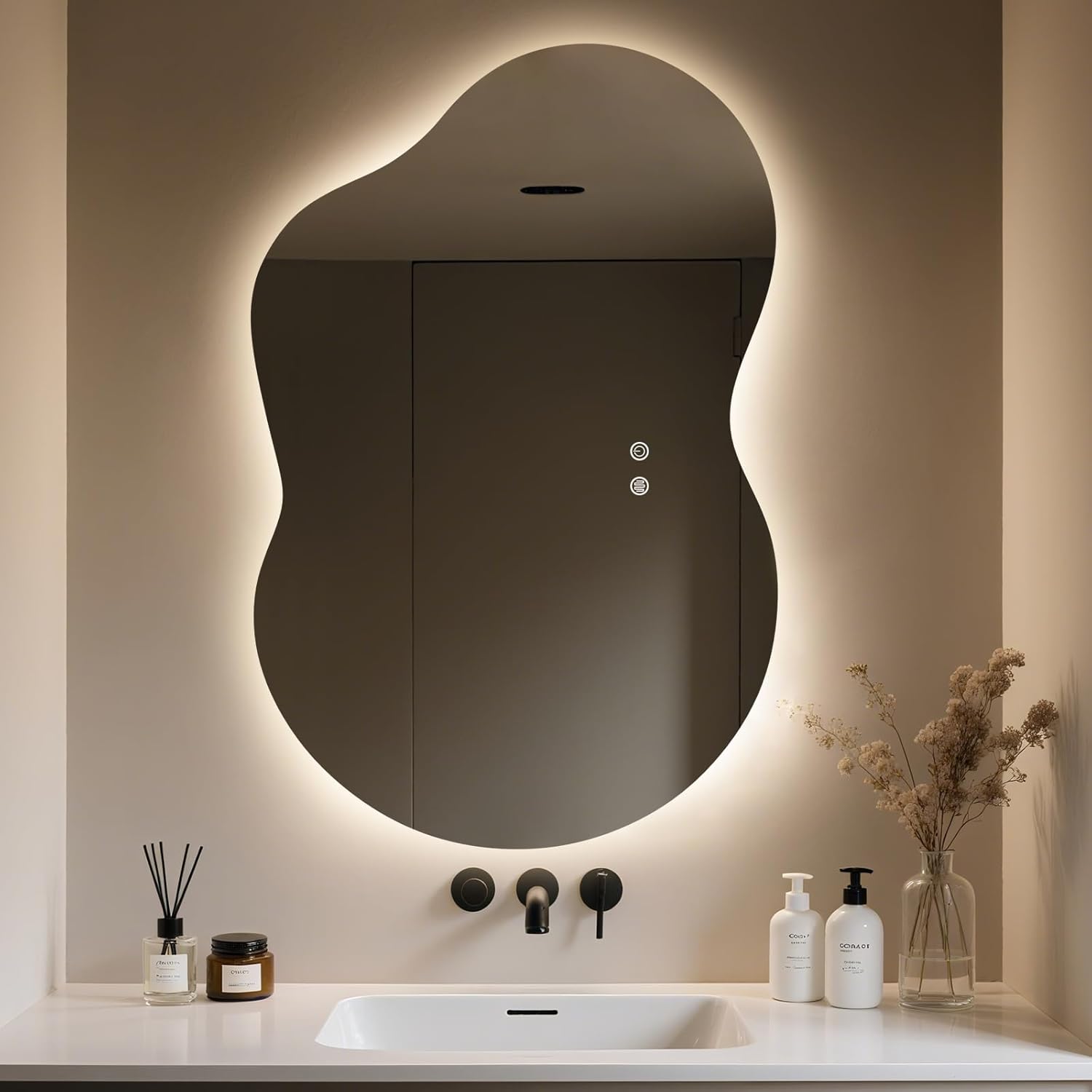 Photo 1 of  WallBeyond 36"x24" Irregular LED Bathroom Mirror with Lights, Asymmetrical Backlit Vanity Mirror for Powder Room or Makeup Area, Dimmable & Anti-Fog, Dual Mounting 