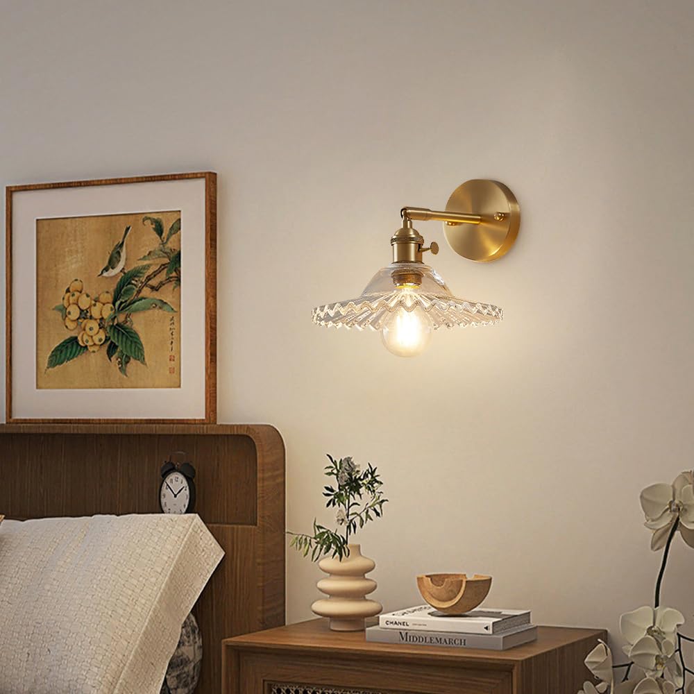 Applique da Parete Vintage con Paralume in Vetro, Applique in Ottone Regolabili a 90 Gradi, apparecchio di Illuminazione da Parete Moderno cablato con Interruttore per Comodino, Camera da Letto,