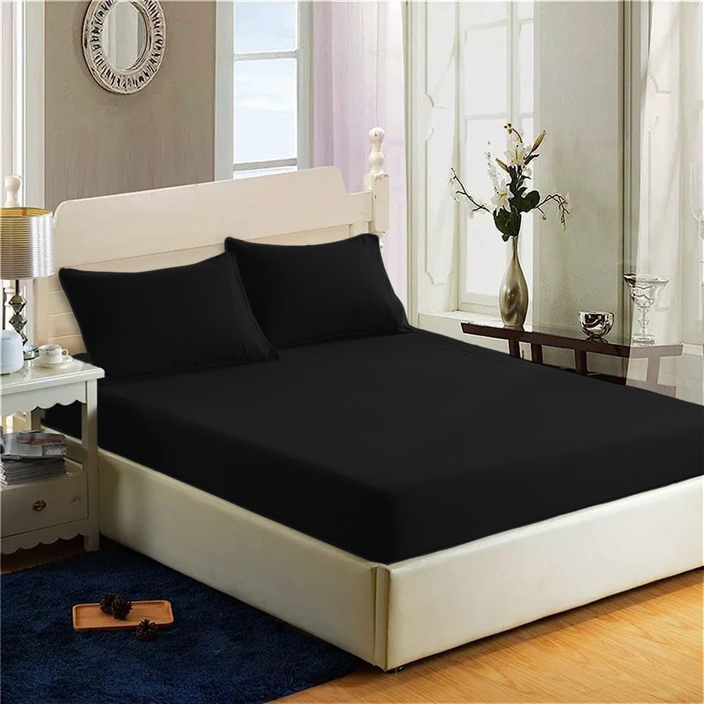 200 Thread Count 100% Egyptian Cotton Fitted Sheet -16"/40cm Extra Deep Fitted Bed Sheet -Luxury Ultra Soft Bottom Sheet -Deep Pocket Stretches Up to 16" -Black, Emperor — image 1