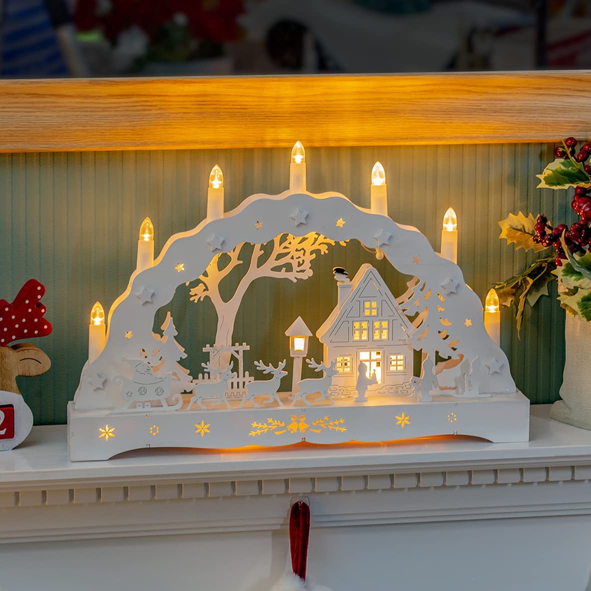 The Christmas Workshop Kerzenbrücke aus Holz mit 7 warmweißen Kerzen, Weihnachtsdeko, batteriebetrieben, 43 x 28 x 8 cm, 88200