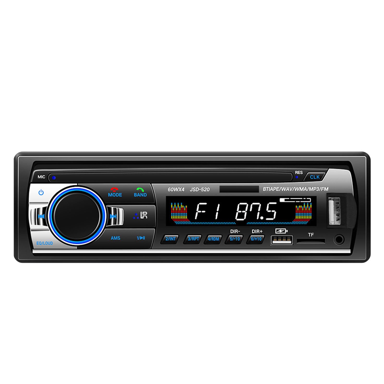 1 DIN Bluetooth Car Radio with Hands-Free Calling and Remote Control | FM Autoradio Bluetooth 5.0, 2 USB Ports, AUX and SD Input, Car Stereo, 12 V, LCD Display, iOS & Android (No CD)