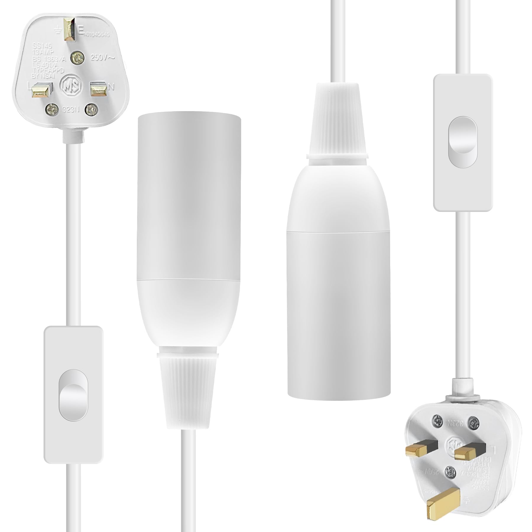 Pendant Light Fitting Kit, 2 Pack E14 Bulb Holder with Switch, 4.5 M White Lamp Cable with Switch And Plug