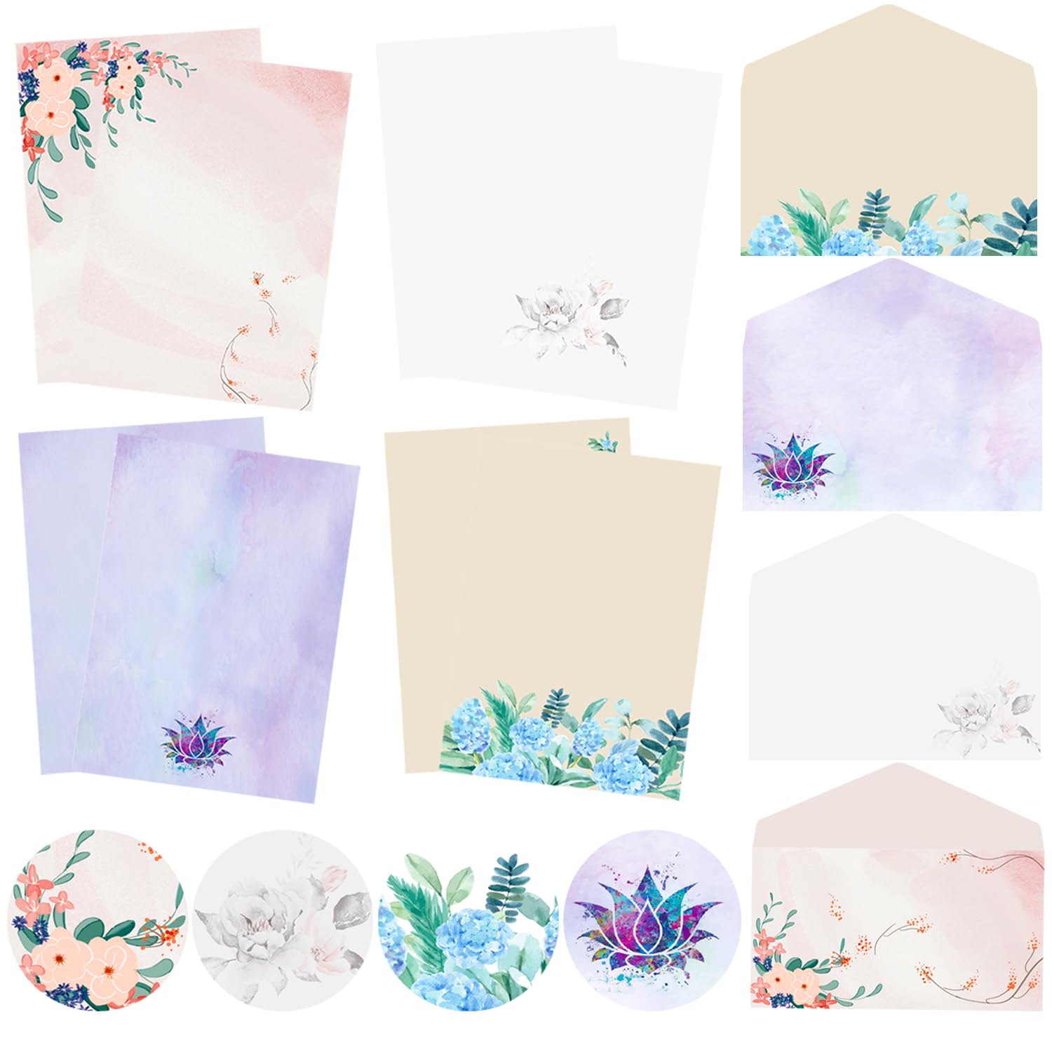 Stationery Writing Paper with Envelopes，4 Different Style Decorative Stationery Sheets， Double-sided Printing，32 Stationery Papers+16 Envelopes, 7.5"