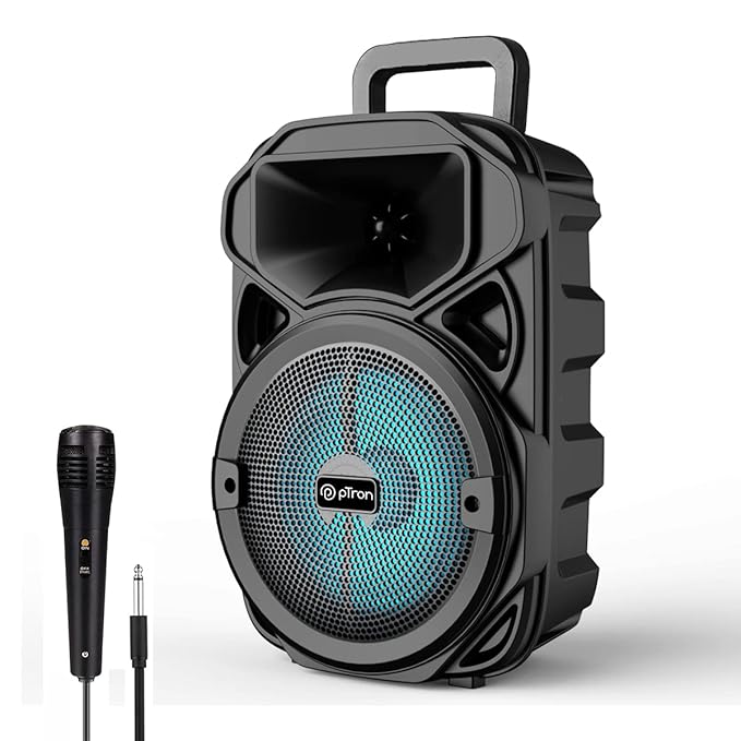 pTron Fusion Maxx V2 20W Bluetooth Wireless Party Speaker with Wired Karaoke Mic, 20Hrs Playtime, Immersive Sound, RGB Lights, BT V5.2, 3.5mm AUX, USB, Micro SD Card Slot & Integrated Controls (Black) at Rs. 1199