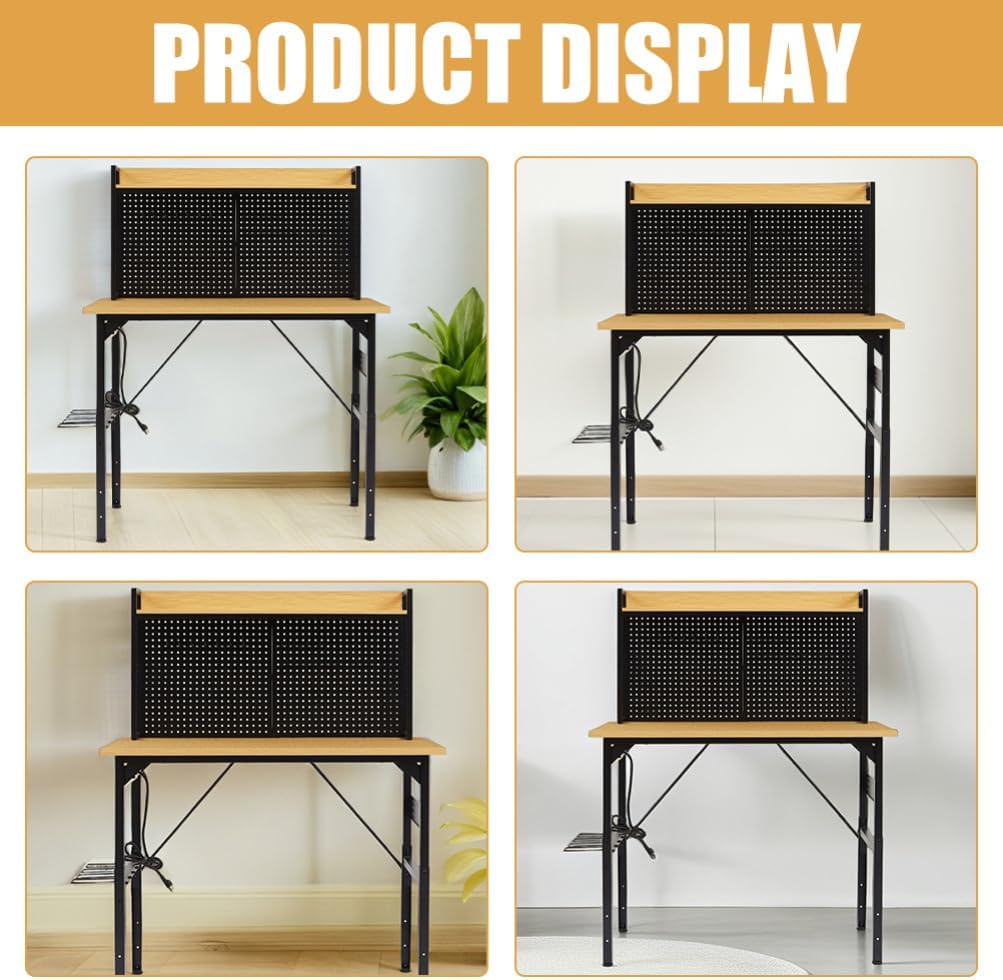 Balacoo Work Bench, 48 Inch Adjustable Workbench with Power Outlets 1600 Lbs Load Capacity Work Bench for Garage Workshop, with Pegboard Wheel