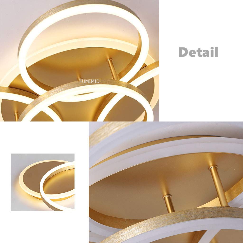 Lampa sufitowa LED, nowoczesna lampa wisząca, kreatywny żyrandol z pilotem zdalnego sterowania, ściemniana, okrągła, 6 kół, 86 W, aluminium, akryl, do sypialni, złota